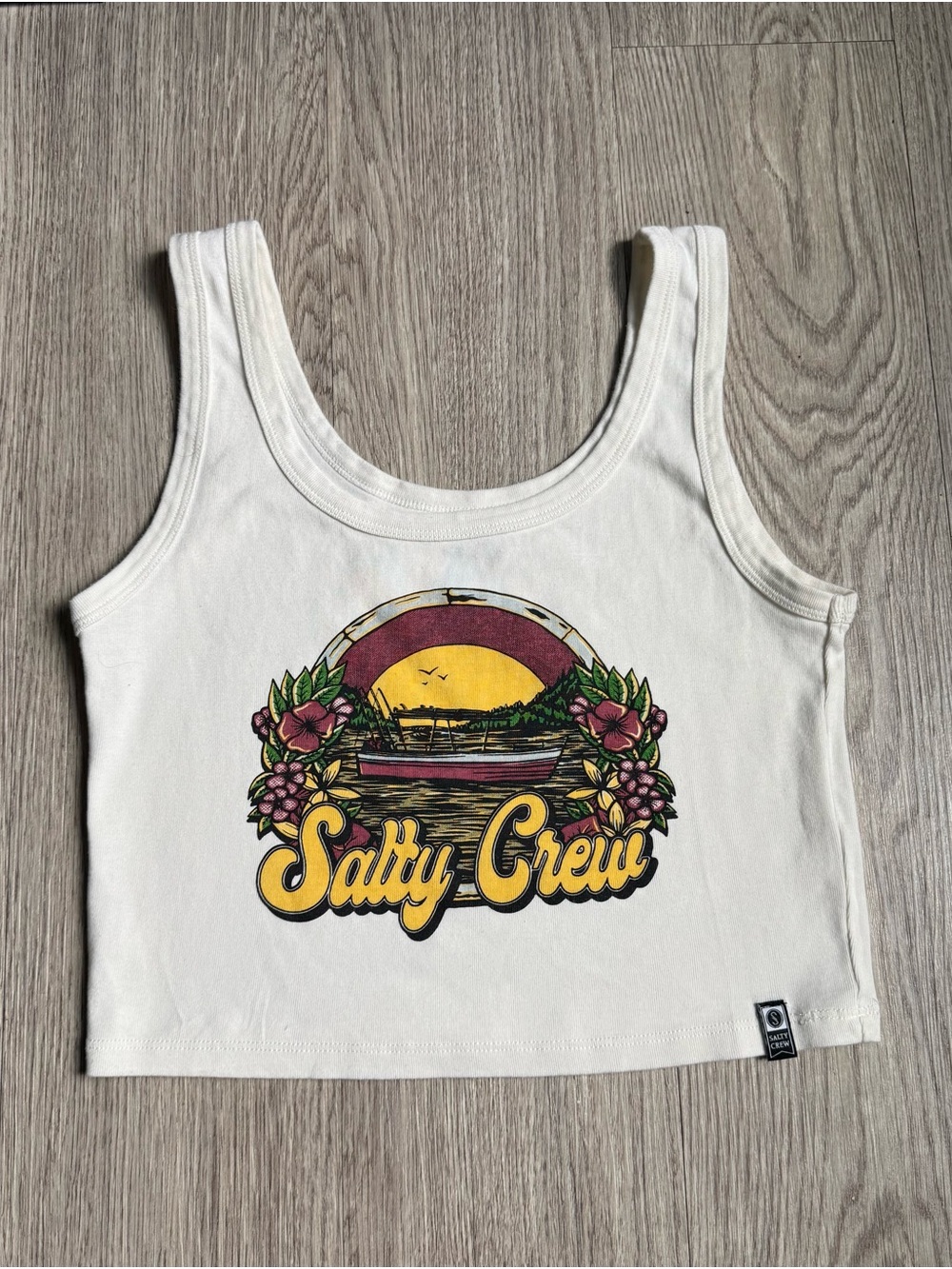 Salty Crew White Crop Tank with Sunset Graphic